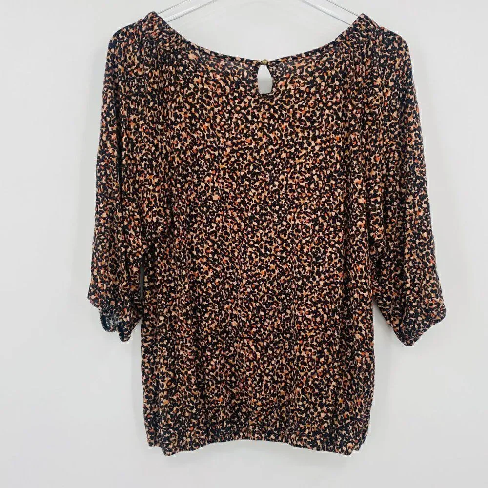 LOFT Size Small Tan & Black Cheetah Print 3/4 Sleeve Jersey Knit Blouse Top